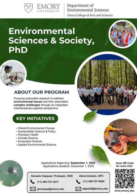 Fully Funded PhD Positions in Environmental Sciences & Society at Emory University, USA