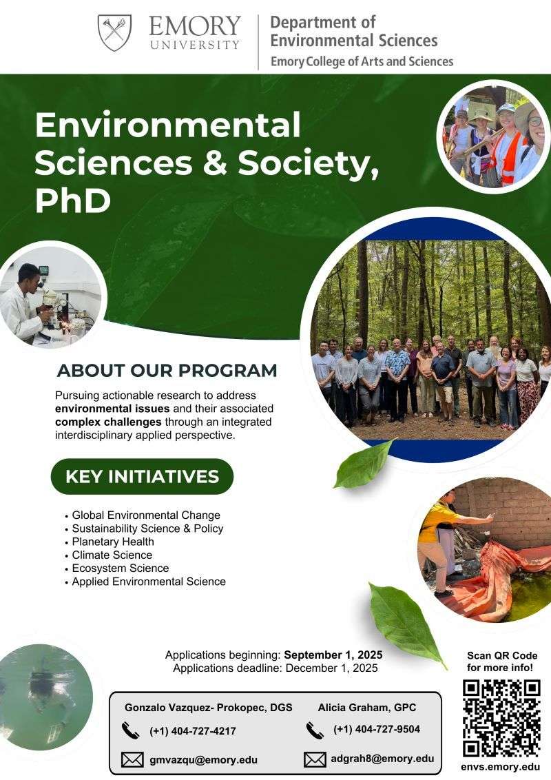 Fully Funded PhD Positions in Environmental Sciences & Society at Emory University, USA