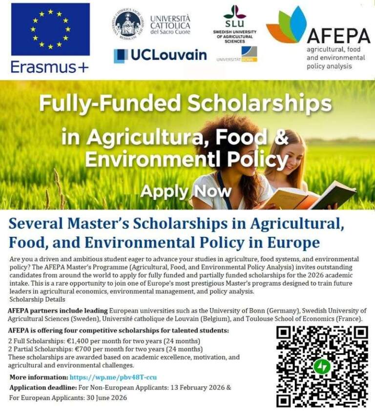 Several Master’s Scholarships in Agricultural, Food, and Environmental Policy in Europe [open to all nationalities]