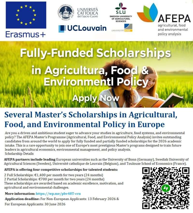 Fully Funded and Partial Master’s Scholarships in Agricultural, Food, and Environmental Policy in Europe