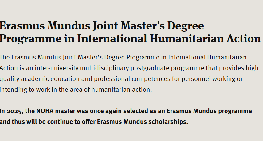 Applications Open for the Erasmus Mundus Joint Master’s in International Humanitarian Action (NOHA)