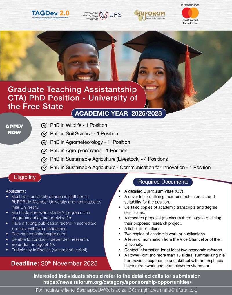 Agriculture PhD Opportunity: Graduate Teaching Assistantship (GTA) at the University of the Free State 2025