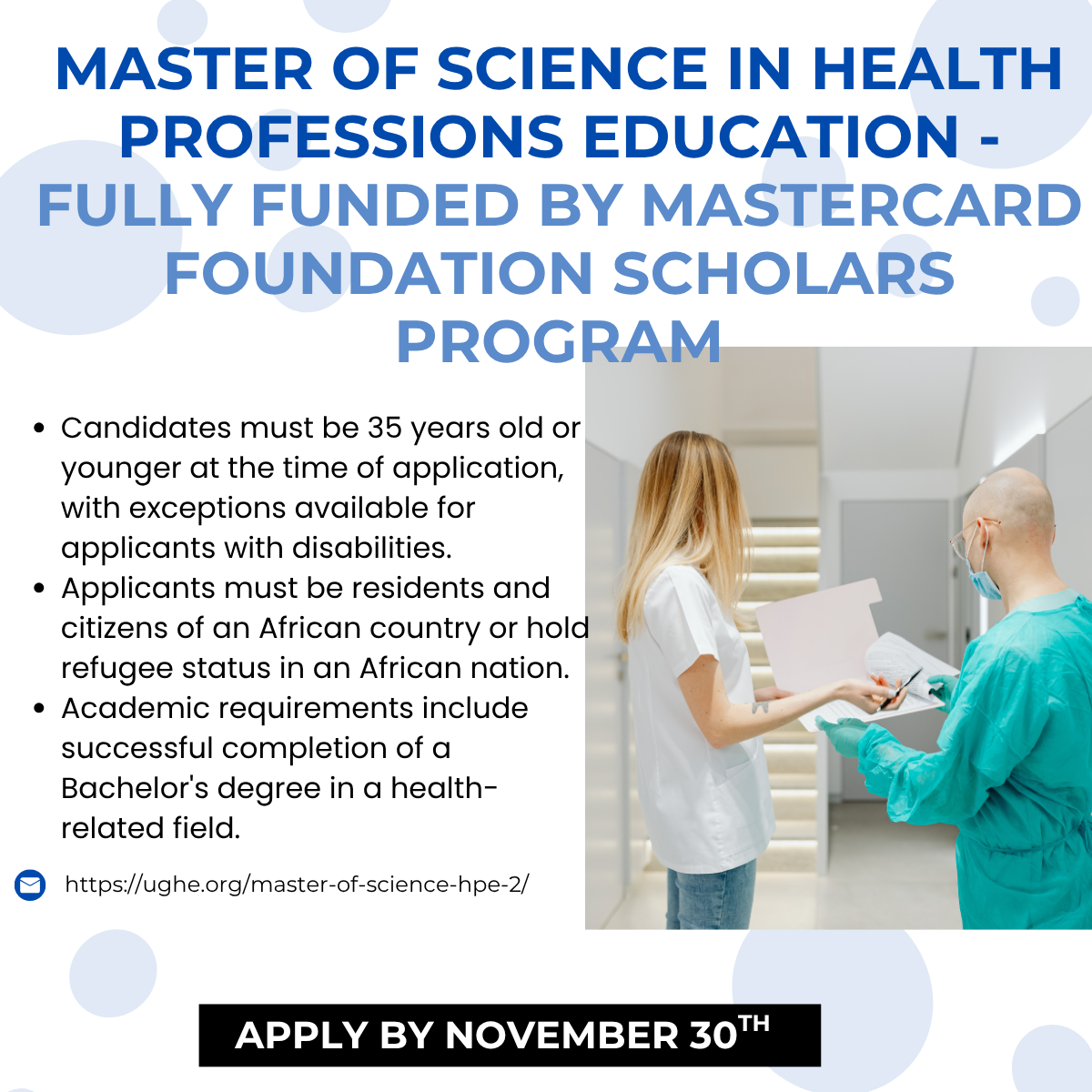 Master of Science in Health Professions Education – Fully Funded by Mastercard Foundation Scholars Program