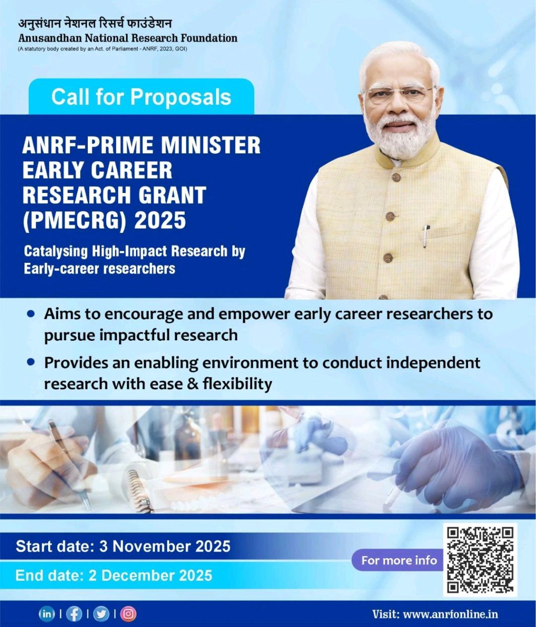 Prime Minister Early Career Research Grant (PM ECRG) 2025 – ANRF’s New Call for India’s Emerging Researchers